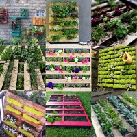 9 Foto's van een tuin in pallets.