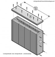 Sandwich van steigerplanken voor hoofd en voeteneinde van het bed. Bed van steigerplanken maken, bouwtekening voor montage van een sandwich voor het hoofdbord.