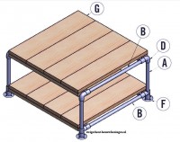 Op deze bouwtekeningen staan de onderdelen voor een tafel van steigerbuis gemarkeerd.